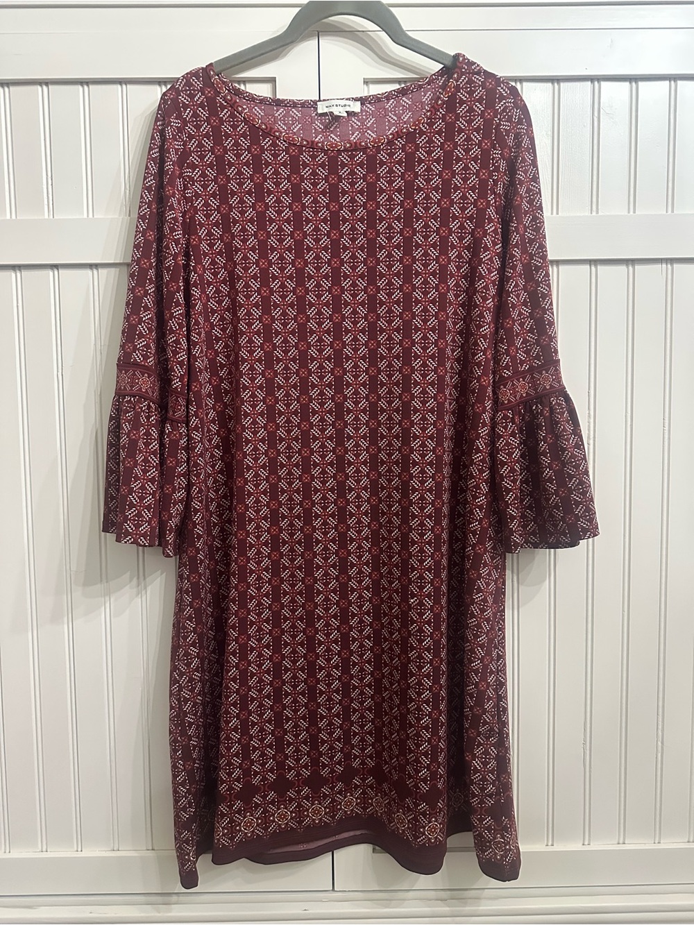 Max Studio Burgundy Geometric Bell-Sleeve Dress